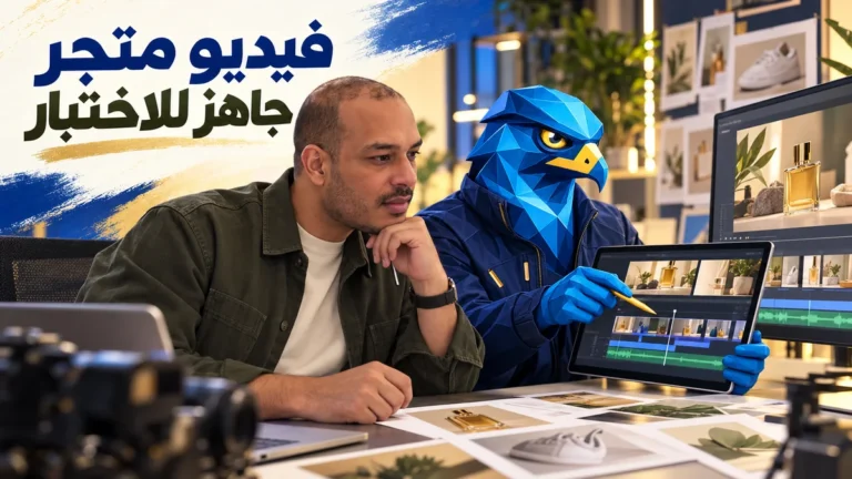 باسم بقميص زيتوني ورجل الصقر الهندسي الأزرق بسترة عمل تقنية يفحصان فيديو إعلان متجر وجدول مشاهده في استوديو حديث
