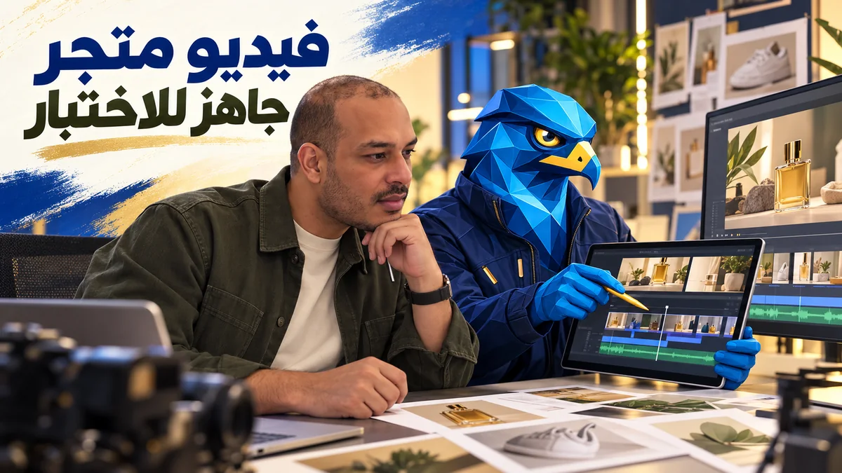 باسم بقميص زيتوني ورجل الصقر الهندسي الأزرق بسترة عمل تقنية يفحصان فيديو إعلان متجر وجدول مشاهده في استوديو حديث